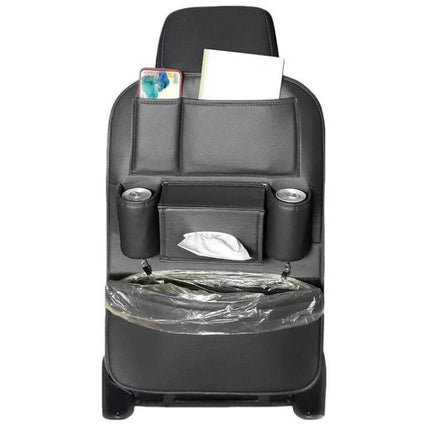 Leather Car Seat Back Organizer For Trash Bag Everyday Use - black PU leather car seat back organizer with large trash bag pocket and cup holders