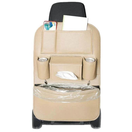 Leather Car Seat Back Organizer For Trash Bag Everyday Use - beige PU leather large-capacity car seat organizer with pockets, cup holders and trash bag