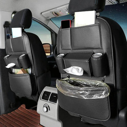 Leather Car Seat Back Organizer For Trash Bag Everyday Use hanging on car seat with tissue, cup holders and trash bag