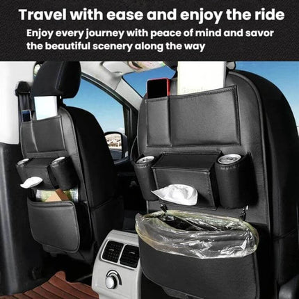 Leather Car Seat Back Organizer For Trash Bag Everyday Use - PU leather car backseat organizer with large capacity, cup holders, tissue pocket, and trash bag