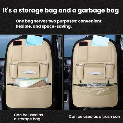 Leather Car Seat Back Organizer For Trash Bag Everyday Use shown in beige PU leather as storage pockets and a trash bag holder for car back of seat