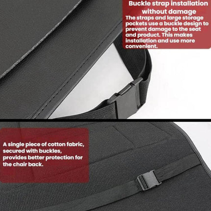 Leather Car Seat Back Organizer For Trash Bag Everyday Use - close-up of PU leather, buckle strap and cotton fabric protection showing installation and durability