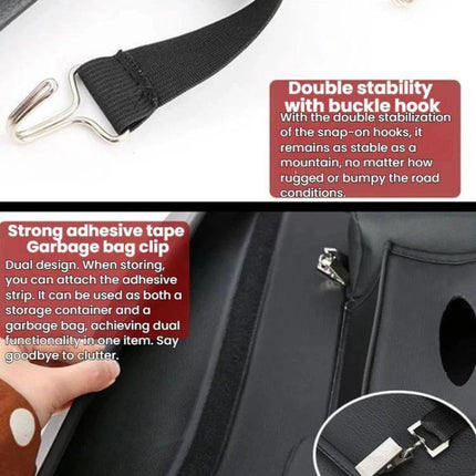 Leather Car Seat Back Organizer For Trash Bag Everyday Use - close-up of buckle hook, adhesive tape garbage bag clip and durable PU material