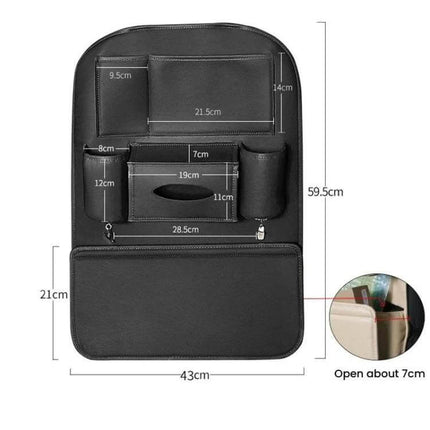 Leather Car Seat Back Organizer For Trash Bag Everyday Use - black PU leather backseat organizer with multiple pockets and dimensions shown