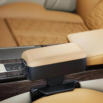 Car Seat Armrest Cup Holder With Rear-Seat Charging Storage - beige Napa-pattern leather armrest with cup holder and rear storage for passengers