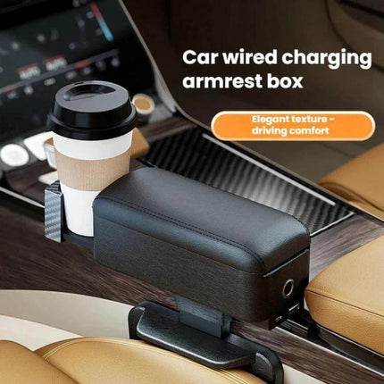 Car Seat Armrest Cup Holder With Rear-Seat Charging Storage padded Napa-pattern leather armrest with cup holder and rear charging storage for back passengers