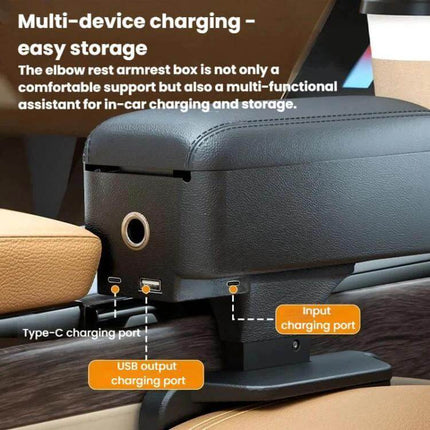 Car Seat Armrest Cup Holder With Rear-Seat Charging Storage showing Napa-pattern leather top, USB and Type-C ports, cup holder and rear storage