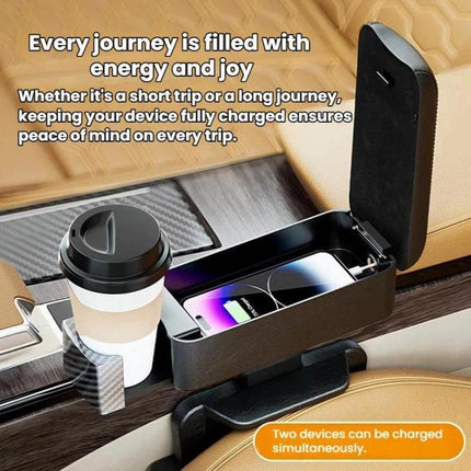 Car Seat Armrest Cup Holder With Rear-Seat Charging Storage showing padded Napa-pattern armrest, cup holder and phone charging inside storage box