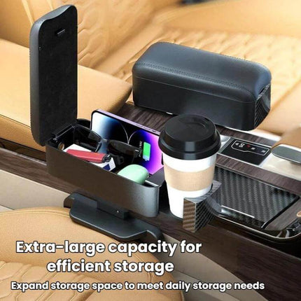Car Seat Armrest Cup Holder With Rear-Seat Charging Storage - Napa-pattern leather armrest with cup holder and rear charging storage for backseat