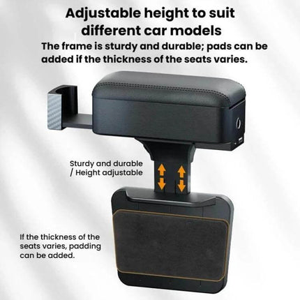 Car Seat Armrest Cup Holder With Rear-Seat Charging Storage padded Napa-pattern leather armrest with adjustable height and rear storage for cups and cables