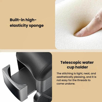 Car Seat Armrest Cup Holder With Rear-Seat Charging Storage showing napa-pattern leather top, rebound sponge touch and telescopic water cup holder