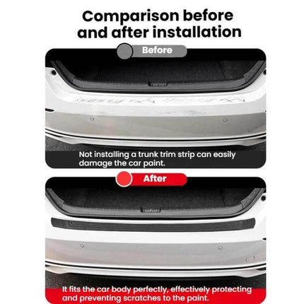Durable 104cm Car Trunk Protection Strip for Sedans shown before and after installation protecting rear bumper from scratches