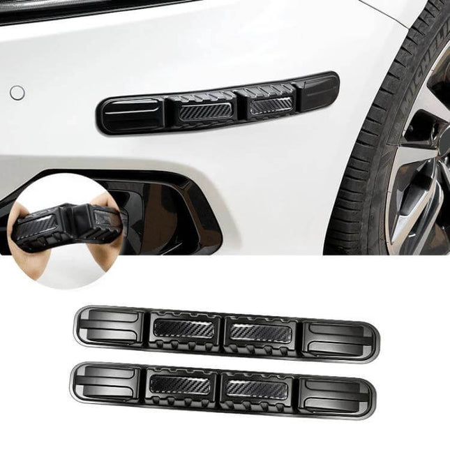 Protective Car Bumper Anti-Collision Strip for Universal Use, 2 Pack installed on white car bumper showing TPU reflective 2-pack protective strips