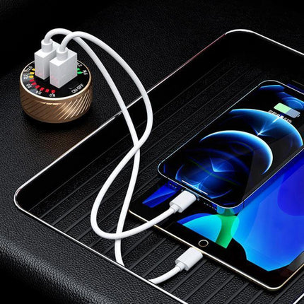 Car Cigarette Lighter USB Charger With LED Indicator And Switch plugged into car socket charging smartphone and tablet with dual USB cables