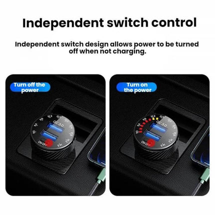 Car Cigarette Lighter USB Charger With LED Indicator And Switch showing independent switch control, LED display and QC3.0 fast charging in car socket