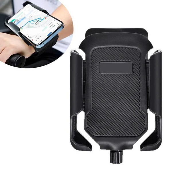 Wrist-Mounted Phone Holder with Adjustable Strap showing black durable mount and adjustable strap for runners and cyclists