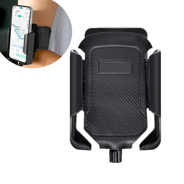 Wrist-Mounted Phone Holder with Adjustable Strap showing black durable mount and adjustable strap for runners and cyclists
