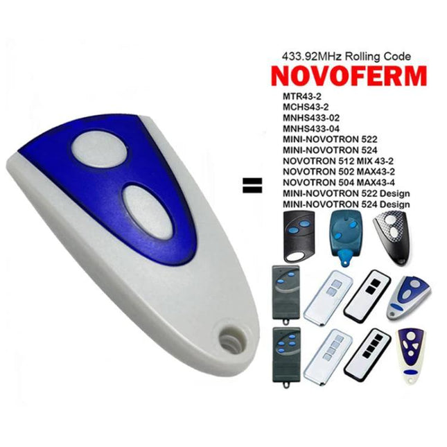Novoferm Compatible Garage Door Remote Control for Daily Use white and blue replacement remote with two buttons shown on white background