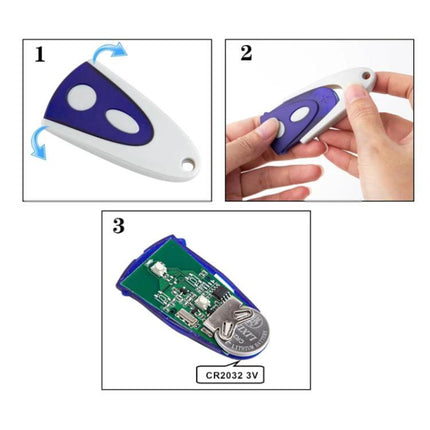 Novoferm Compatible Garage Door Remote Control for Daily Use showing front, back, and internal CR2032 battery compartment