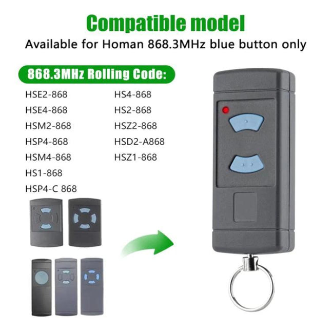 Hormann Compatible 2-Button Wireless Garage Door Remote Control black keyring remote showing blue buttons and compatible model list