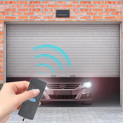 Hormann Compatible 2-Button Wireless Garage Door Remote Control shown operating garage door with car waiting at driveway