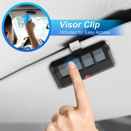 LiftMaster Handheld Remote for Garage Door Operation mounted on visor clip being pressed for easy access
