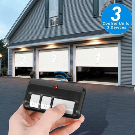 LiftMaster Handheld Remote for Garage Door Operation showing hand-held three-button remote controlling three garage doors