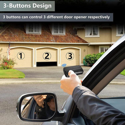 Multi-Frequency Rolling Code Garage Door Remote Control held from car pointing at three-door garage showing 3-button design