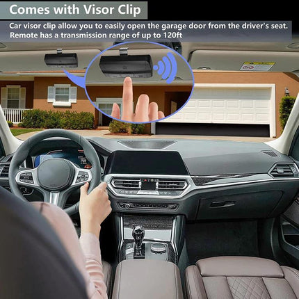 Multi-Frequency Rolling Code Garage Door Remote Control clipped to visor demonstrating one-touch garage opener from driver seat