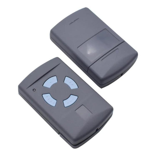 Hormann 4-Button Wireless Garage Door Remote Control shown in gray with four blue buttons, compact rolling-code remote for garage access