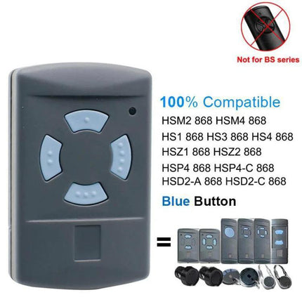 Hormann 4-Button Wireless Garage Door Remote Control - grey remote with blue buttons, compatible HSM2 HSM4 HS series, rolling code, 100m range