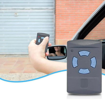 Hormann 4-Button Wireless Garage Door Remote Control held from car to open garage door, rolling code security, 100m range