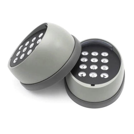Wireless Garage Door Keypad with Secure Password Access gray round wireless keypad showing numeric buttons for home garage access