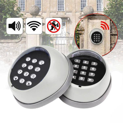 Wireless Garage Door Keypad with Secure Password Access mounted on stone entry showing numeric keypad and wireless icons