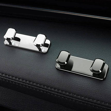 Car Front Seat Zinc Alloy Adhesive Hook For Cables And Bags - chrome dual-hook on car leather seat for hanging cables, keys, and bags