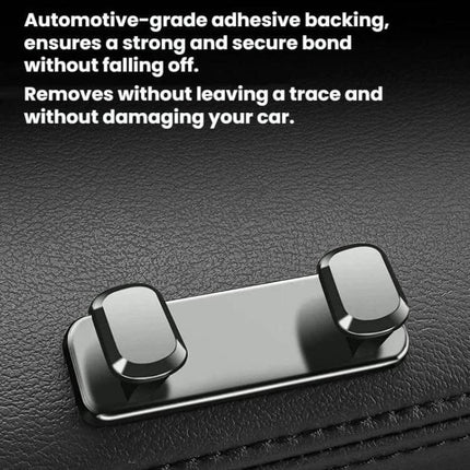 Car Front Seat Zinc Alloy Adhesive Hook For Cables And Bags - close-up of black zinc alloy dual hook with automotive-grade adhesive on car seat surface
