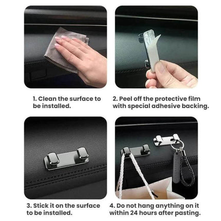 Car Front Seat Zinc Alloy Adhesive Hook For Cables And Bags - installation steps showing surface cleaning, peel film, stick hook, hang keys and bags