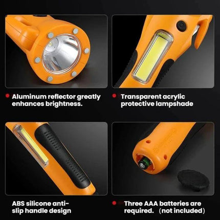 Emergency Magnetic COB Work Light With Car Hammer Tool showing magnetic base, COB strip, flashlight head, ABS-silicone handle and car hammer features