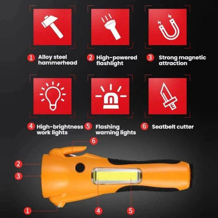 Emergency Magnetic COB Work Light With Car Hammer Tool showing hammerhead, flashlight, magnetic base, COB light, flashing beacon and seatbelt cutter