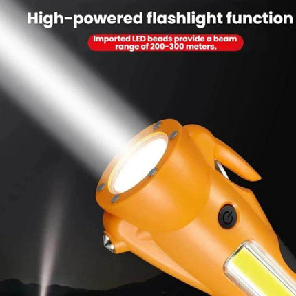 Emergency Magnetic COB Work Light With Car Hammer Tool - orange magnetic COB work light beam, red flashing beacon, rugged ABS-silicone body for roadside emergencies