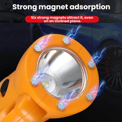 Emergency Magnetic COB Work Light With Car Hammer Tool showing six strong magnets and bright COB beam for hands-free roadside emergency lighting