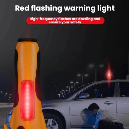 Emergency Magnetic COB Work Light With Car Hammer Tool showing red flashing beacon attached to car at night for roadside safety