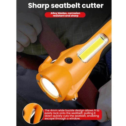 Emergency Magnetic COB Work Light With Car Hammer Tool showing orange COB light, magnetic base, seatbelt cutter and red flashing beacon for roadside emergencies
