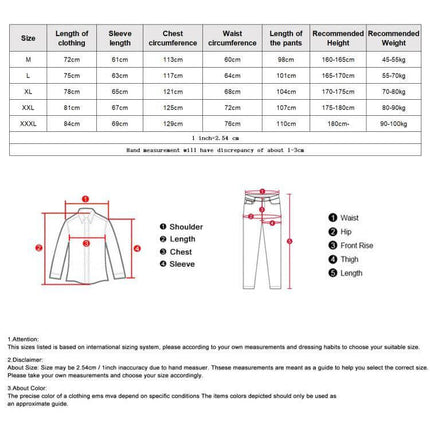Outdoor Oxford Fabric Motorcycle Rain Suit With Detachable Hood sizing chart and measurement diagram for jacket and pants
