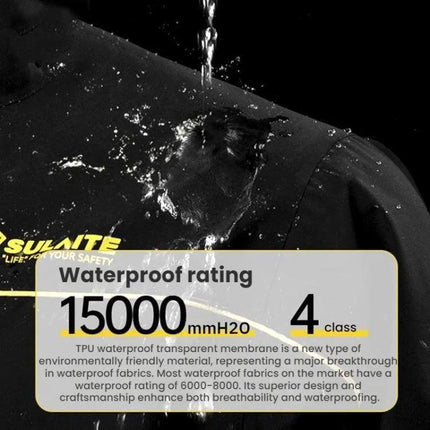 Outdoor Oxford Fabric Motorcycle Rain Suit With Detachable Hood showing waterproof fabric splash and 15000mmH2O rating