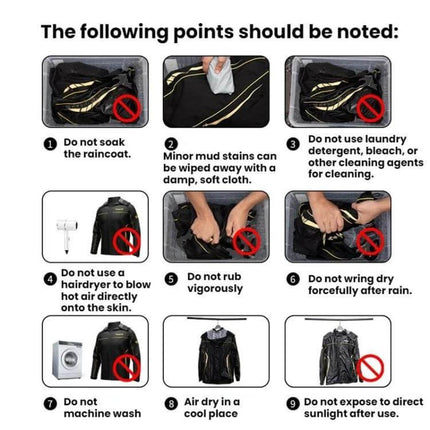 Outdoor Oxford Fabric Motorcycle Rain Suit With Detachable Hood care instructions infographic showing do not soak, do not machine wash, air dry in cool place, wipe stains