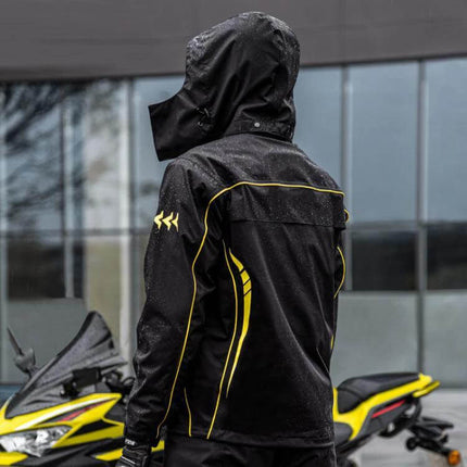 Outdoor Oxford Fabric Motorcycle Rain Suit With Detachable Hood shown on rider back view with yellow trim and hood in rainy urban setting