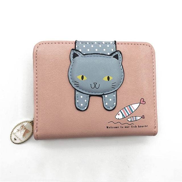 Women Cute Cat Wallet Small Zipper PU Leather Coin Purse