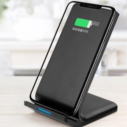 R2 10W Vertical Wireless Charger Desktop Stand Smart Fast Charge Black showing smartphone charging upright on a sleek black desktop stand