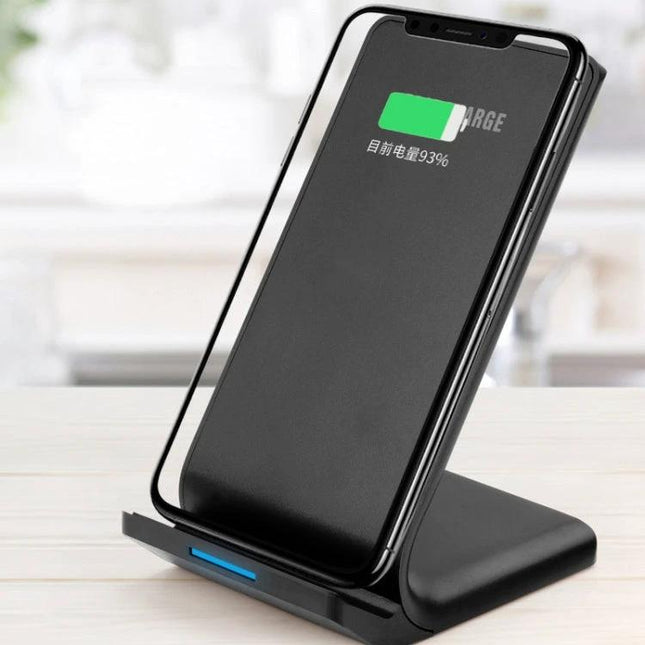 R2 10W Vertical Wireless Charger Desktop Stand Smart Fast Charge Black showing smartphone charging upright on a sleek black desktop stand